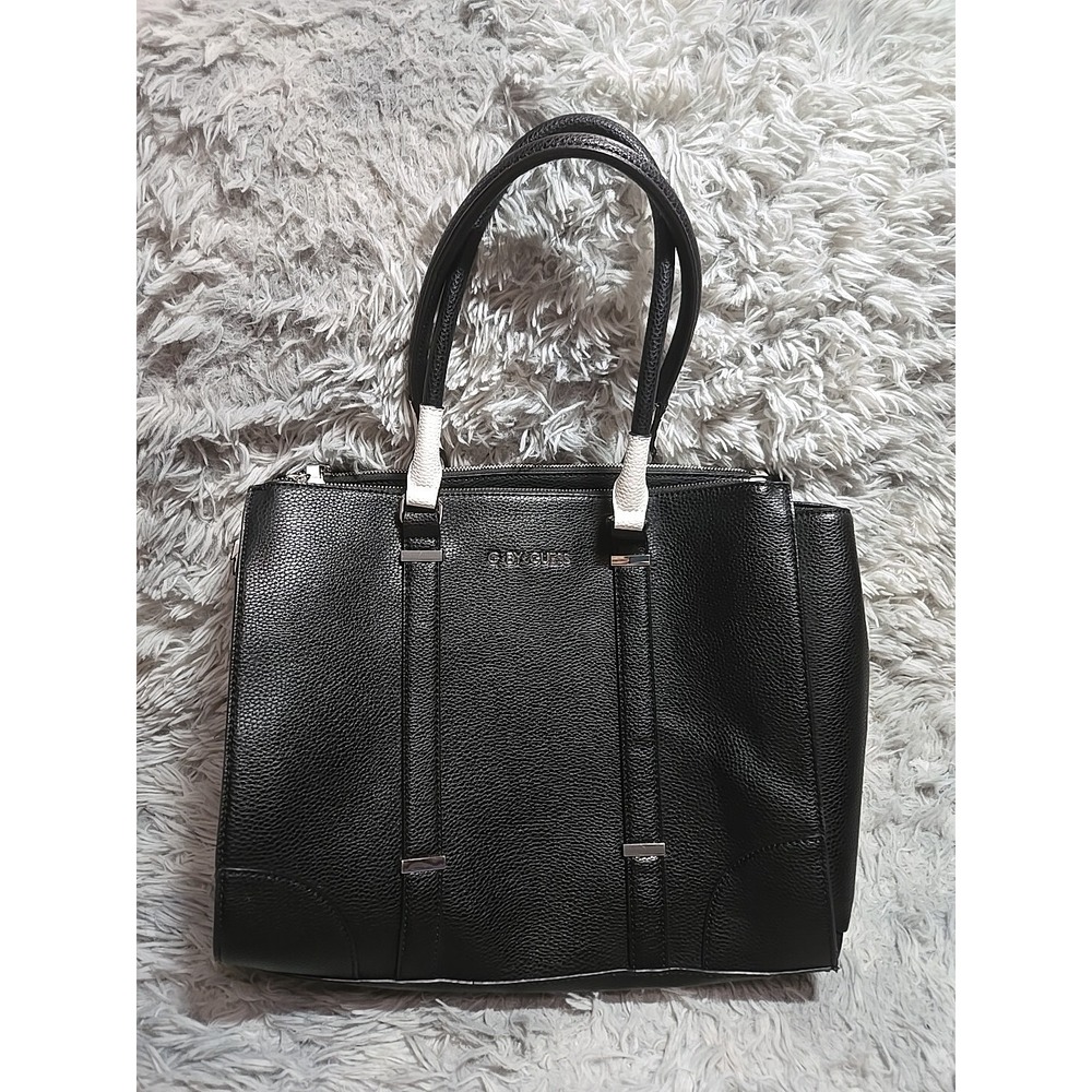 G by Guess Black Pebbled Vegan Leather Tote Bag Double Zip Top Handles NWOT